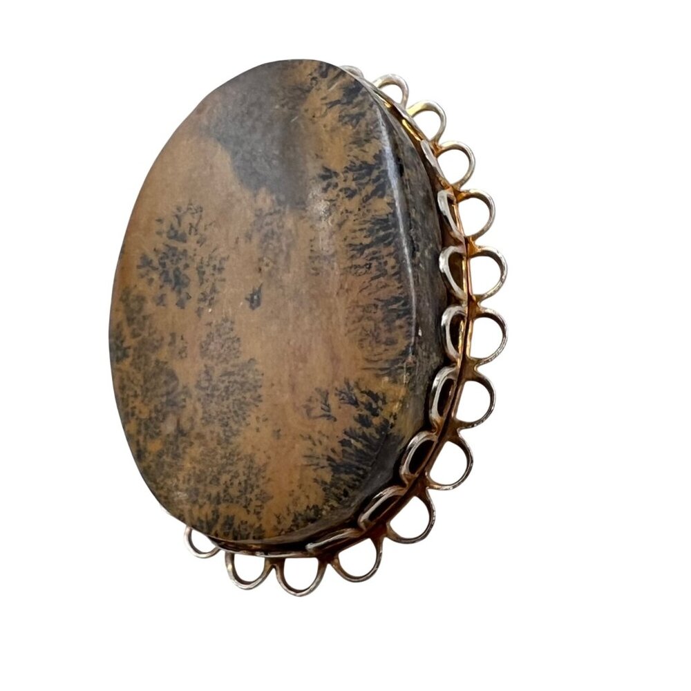 Vintage Dendritic Jasper Brooch Oval Stone Gold Tone Artisan Boho Cottagecore